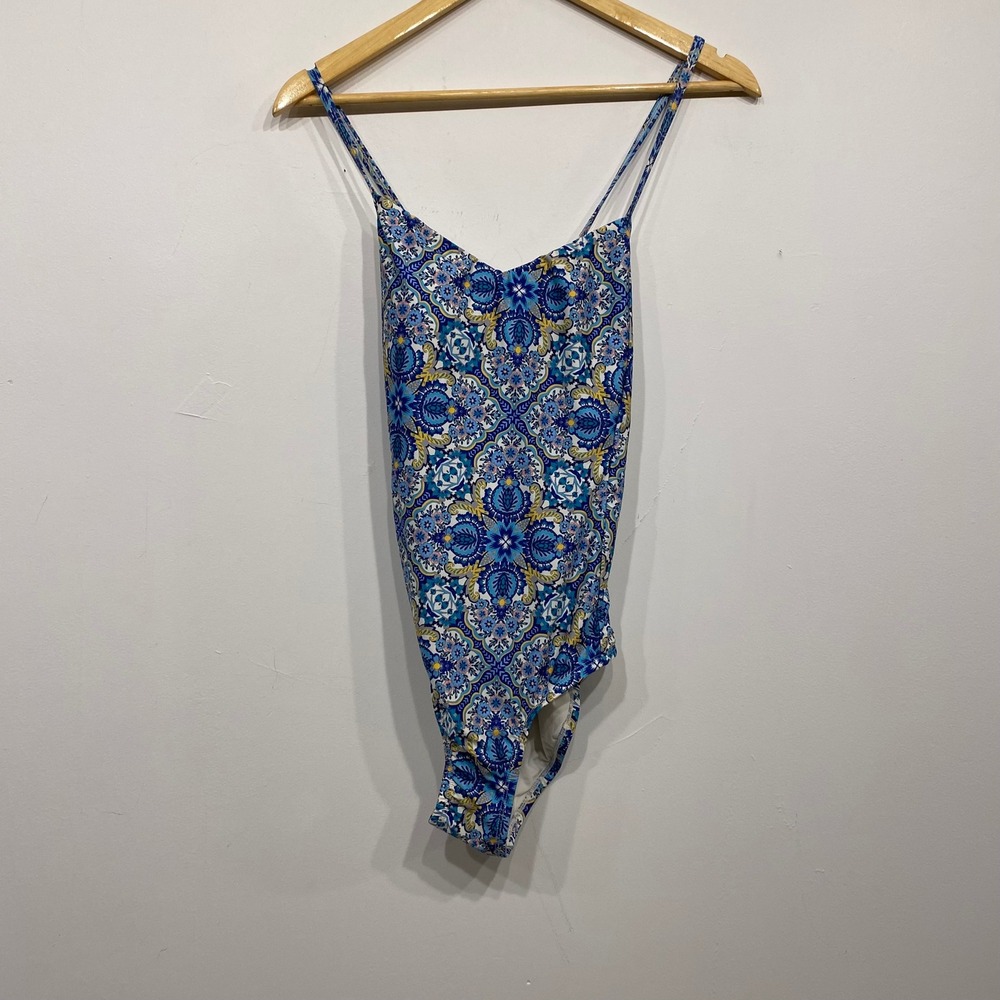 Anthropologie Allihop Blue Yellow‎ Paisley Medallion One Piece Swimsuit Back S